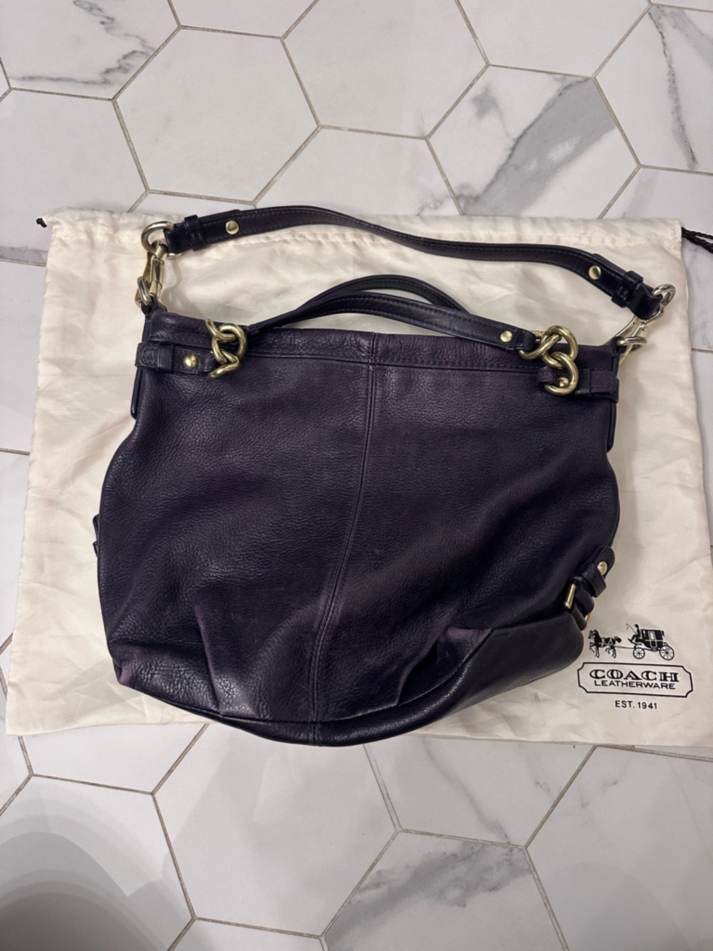 Coach Pebble Leather Hobo Bag in Dark Plum with Gold Hardware